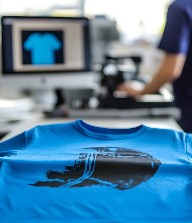 Close-up of freshly printed blue t-shirt in modern workspace